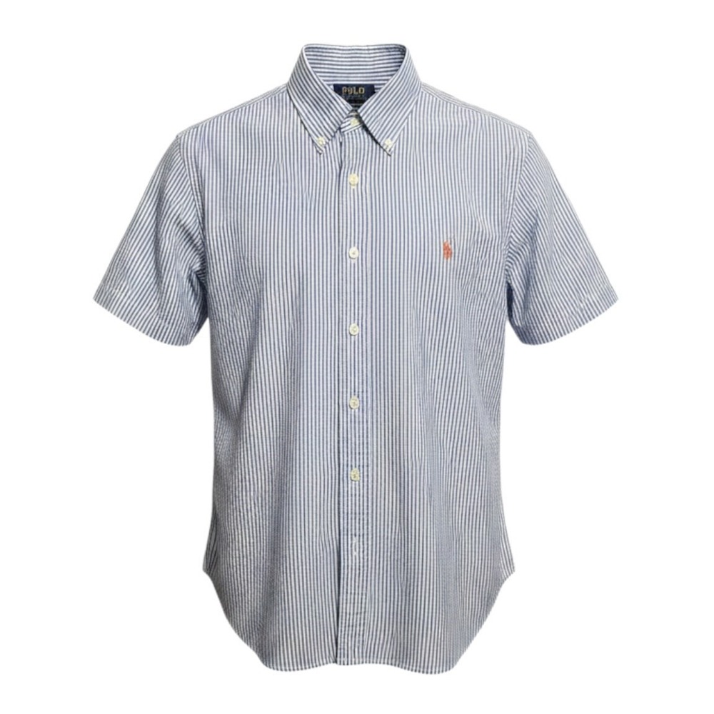 NWT Polo Ralph Lauren Untucked Fit Seersucker Button Down Shirt Blue strip Med.